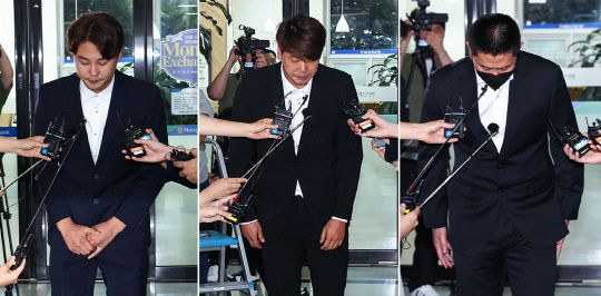 2023 월드베이스볼클래식(WBC) 기간에 음주해 논란을 빚은 프로야구 선수들이 7일 서울 강남구 도곡동 야구회관에서 열린 상벌위원회에 출석하기 전 고개 숙여 인사하고 있다. 왼쪽부터 정철원(두산 베어스), 김광현(SSG 랜더스), 이용찬(NC 다이노스).  연합뉴스